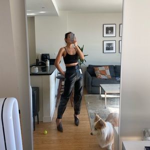 Stage Pleated Cuff Faux Leather Belted Pants